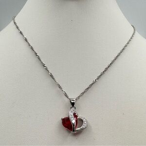 New Silver Tone Red Crystal Heart Pendant Necklace 18” Long